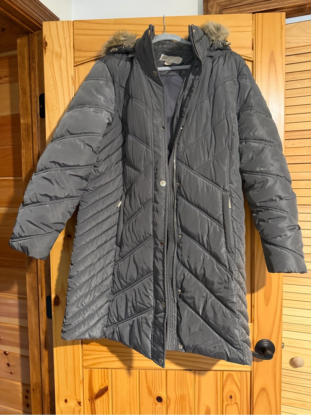 Michael Kors Gray Quilted Long Puffer Coat with Faux Fur Hood